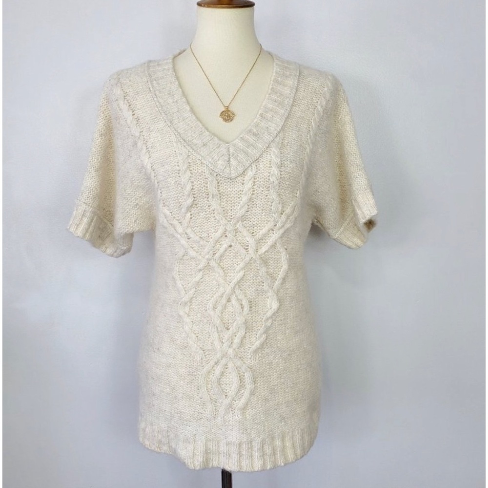 LOFT  Cream Wool Blend Mixed Cable Knit V-Neck Sweater, S